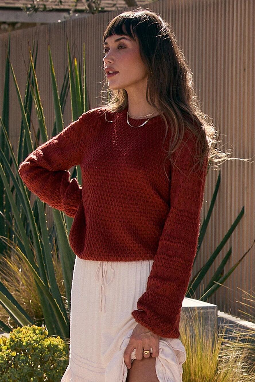 Saltwater Luxe Margow Balloon Sleeve Knit Sweater Rust Brick Red Women's Size M